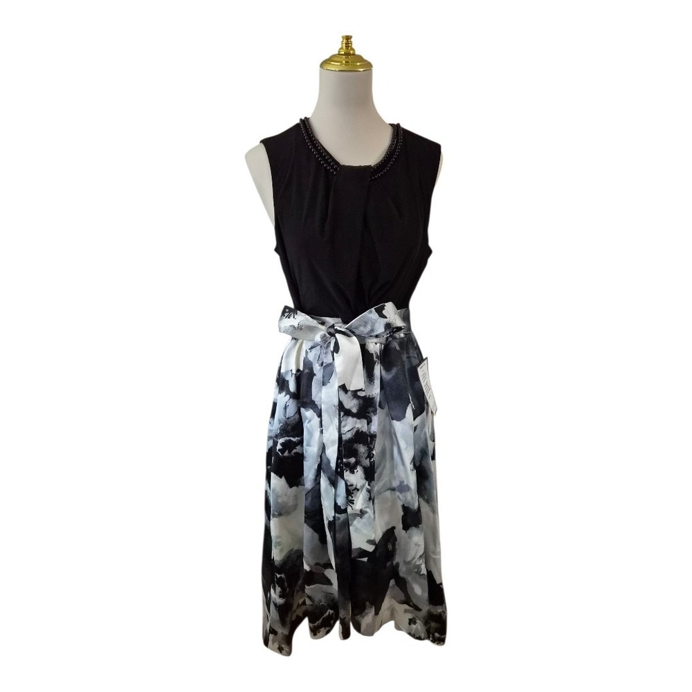 SL‎ FASHIONS Plus Size Embellished-Neck Floral-Skirt Dress Black Ivory 12